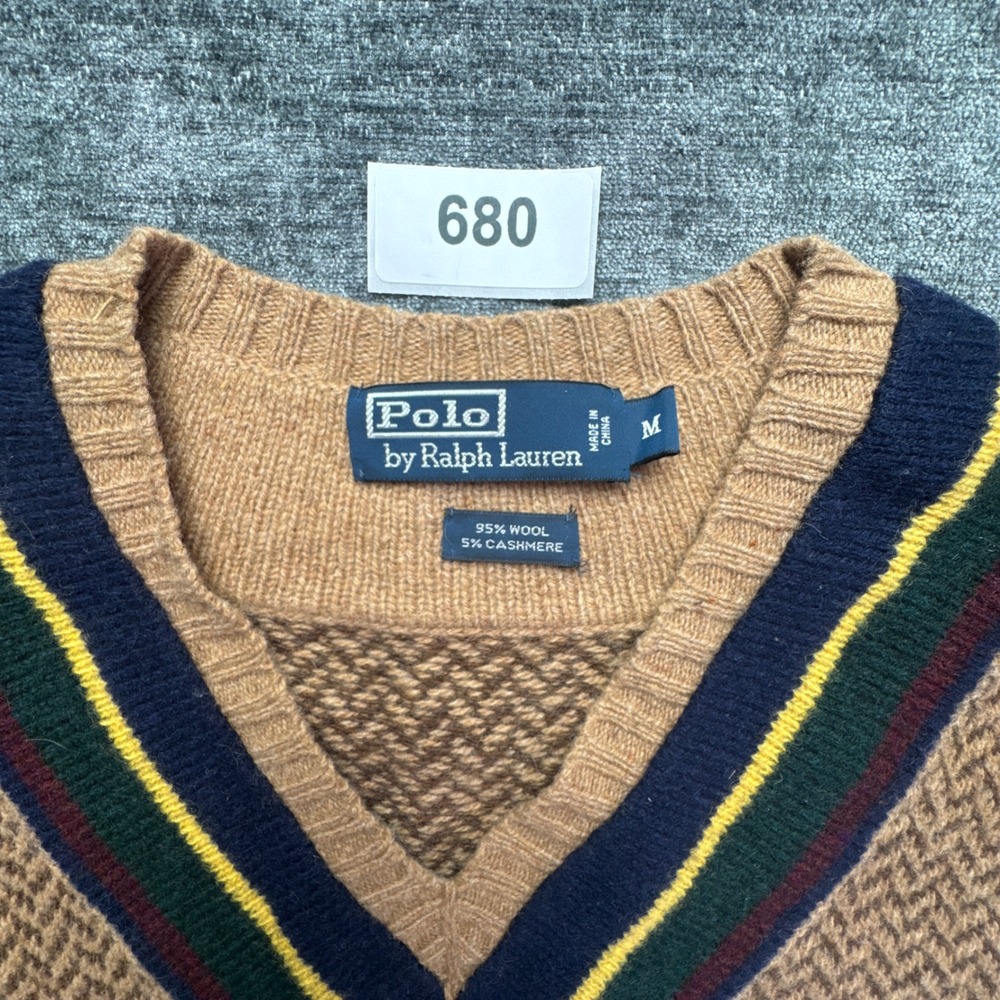 Polo Ralph Lauren Sweater Mens Medium Brown Herringbone Wool Cashmere V-Neck - Picture 11 of 14